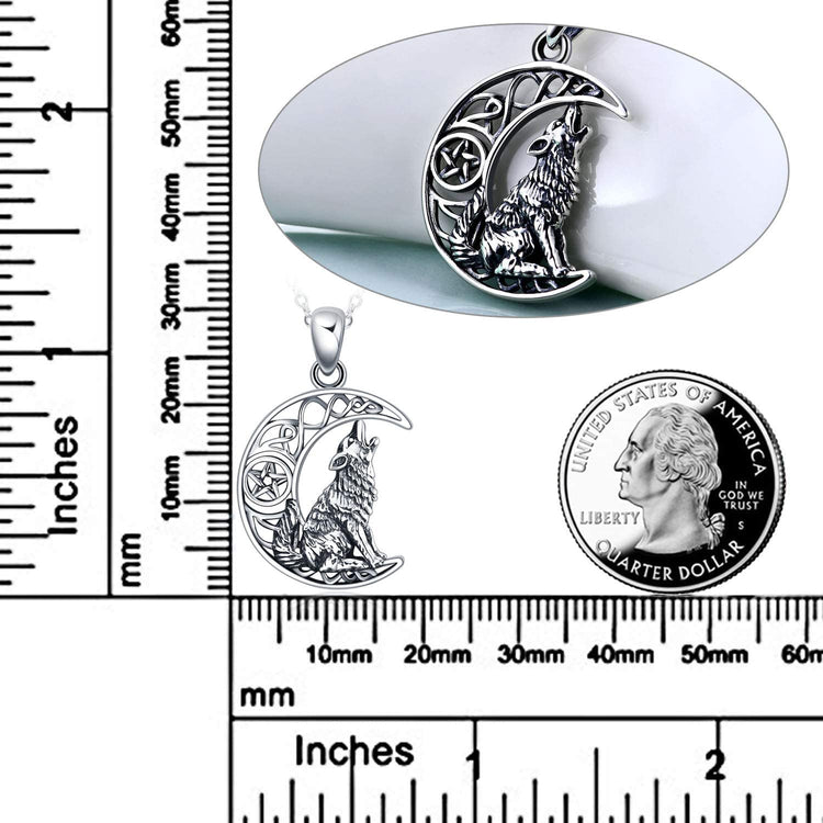925 Sterling Silver Celtic Knot Crescent Moon Wolf Pendant Necklace