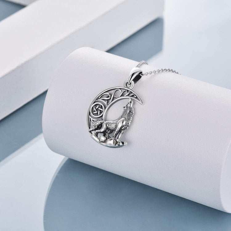 925 Sterling Silver Celtic Knot Crescent Moon Wolf Pendant Necklace