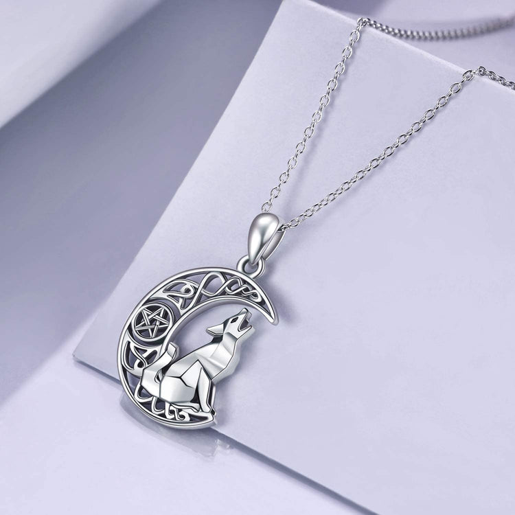 925 Sterling Silver Celtic Knot Crescent Moon Wolf Pendant Necklace