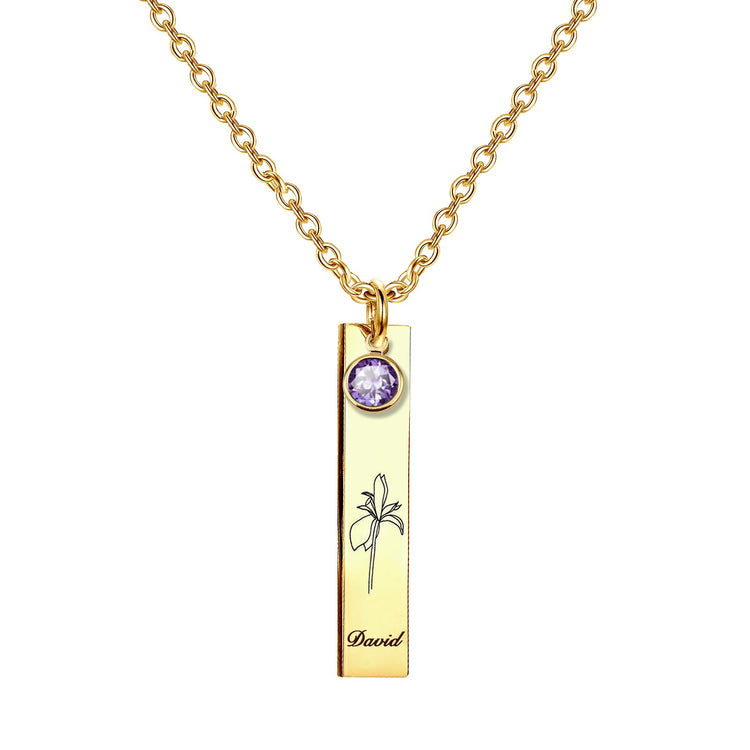925 Sterling Silver Personalized Name & Birth Month Flower Vertical Birthstone Bar Necklace