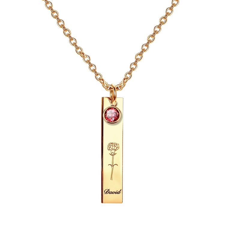 925 Sterling Silver Personalized Name & Birth Month Flower Vertical Birthstone Bar Necklace