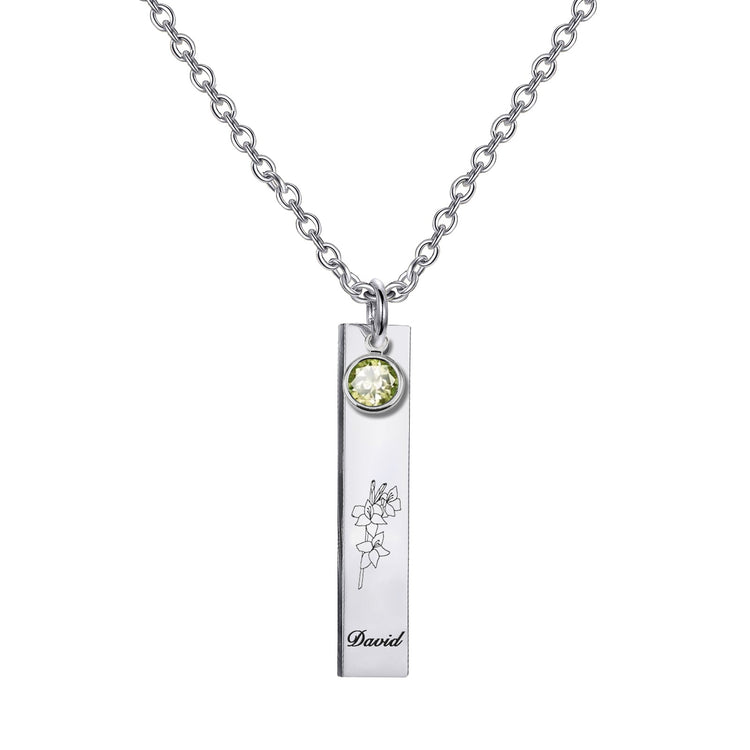 925 Sterling Silver Personalized Name & Birth Month Flower Vertical Birthstone Bar Necklace