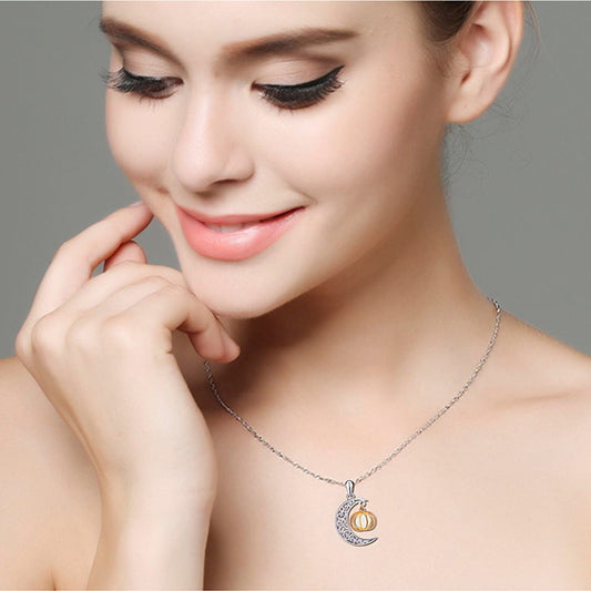 925 Sterling Silver Ladytree Halloween Jewelry  Moon and Pumpkin Bat Luminous Beads Glow Pendant Necklace
