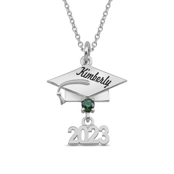 Collier pendentif en argent sterling 925 pierre précieuse gravable 2023 Graduation Cap