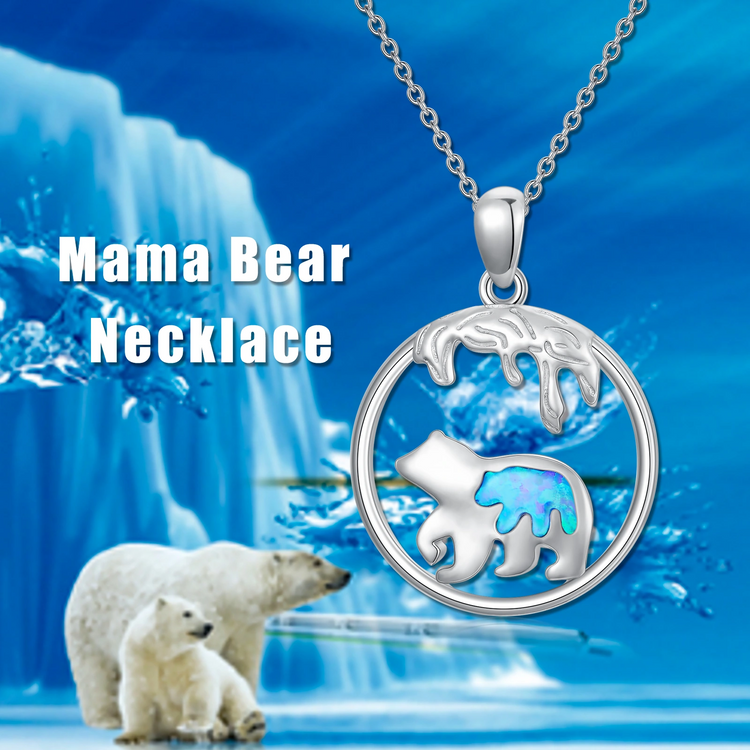 Mama Bear Necklace 925 Sterling Silver Mother Daughter Blue Opal Animal Necklace Pendant