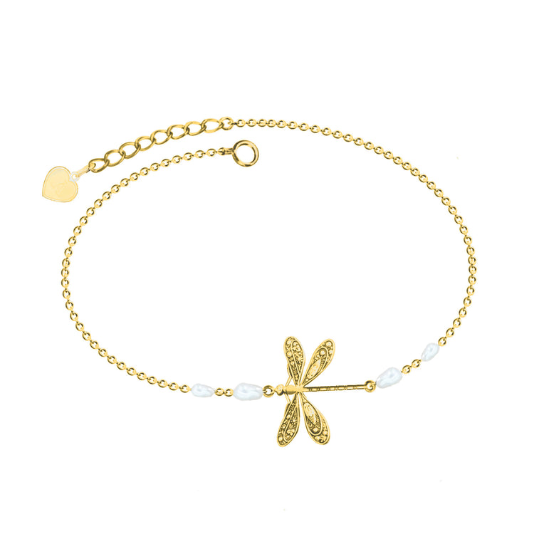 PRABIRDS 925 Sterling Silver Dragonfly Anklet With Pearl