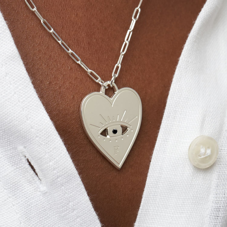 925 Sterling Silver Engraved Evil Eye Heart Necklace With Cubic Zirconia