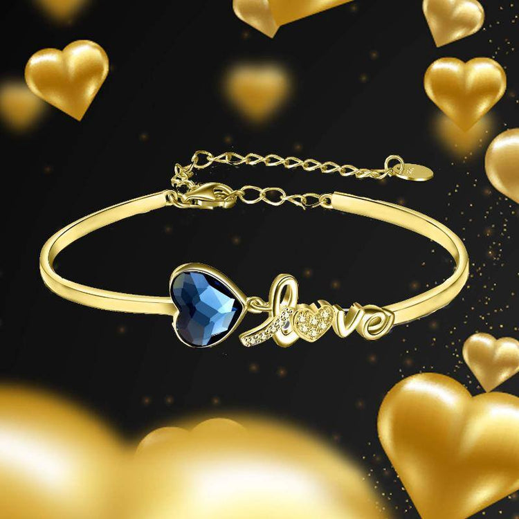 925 Sterling Silver Blue Crystals from Austria Love Heart Bangle Bracelet in White Gold Plated