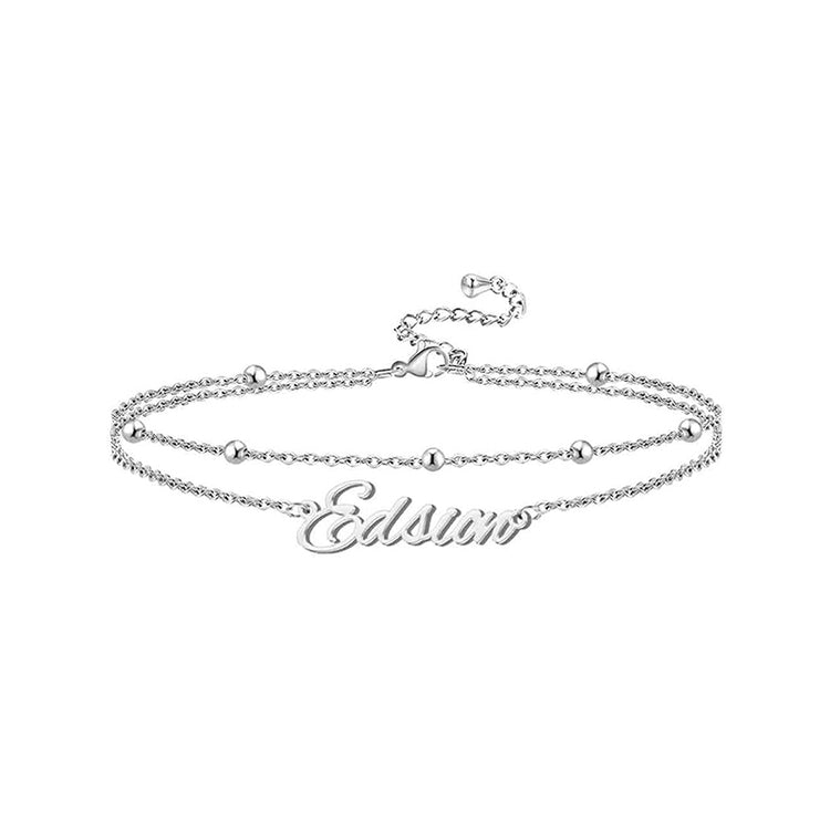 925 Sterling Silver Double Layers Name Anklet, Nameplated Anklet