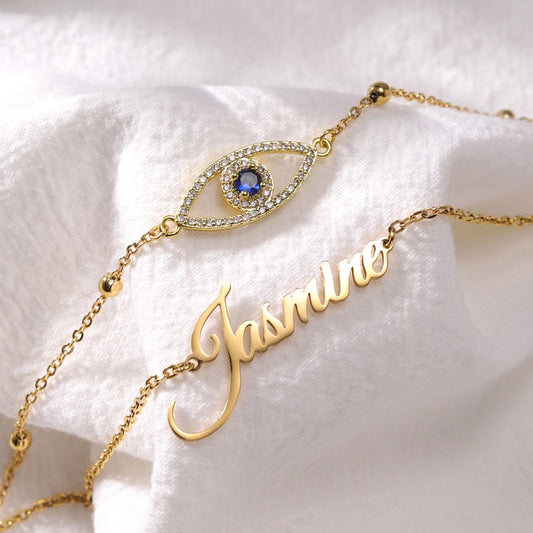 925 Sterling Silve Personalized Evil Eye Bracelet, Double Layered Silver Bracelet with Dainty Evil Eye for Women, Layered Bracelet Set, Summer Wear Anklet