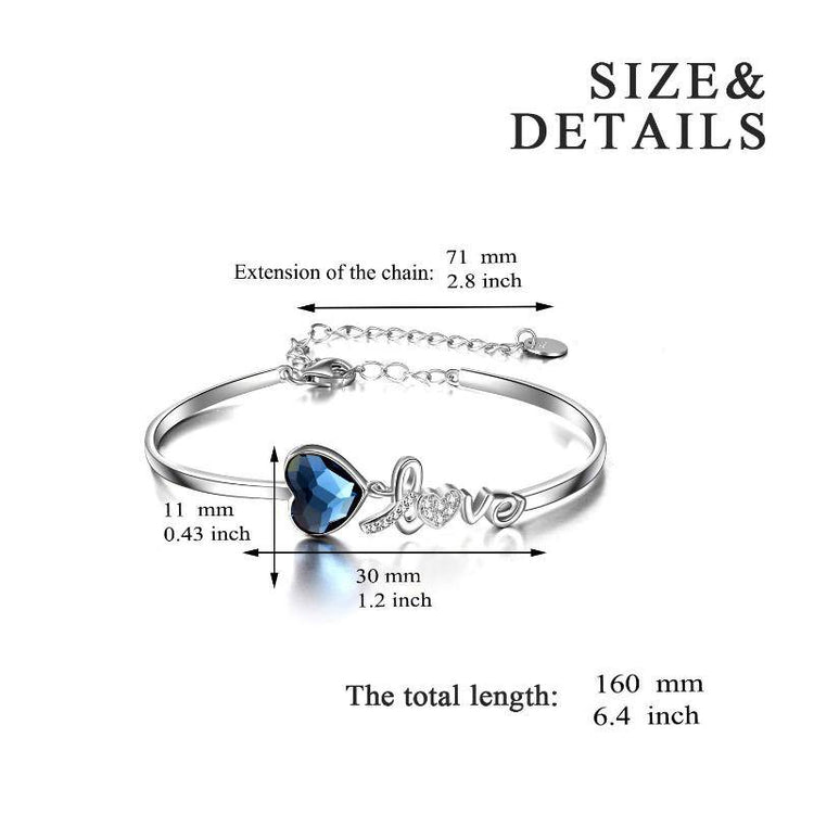 925 Sterling Silver Blue Crystals from Austria Love Heart Bangle Bracelet in White Gold Plated