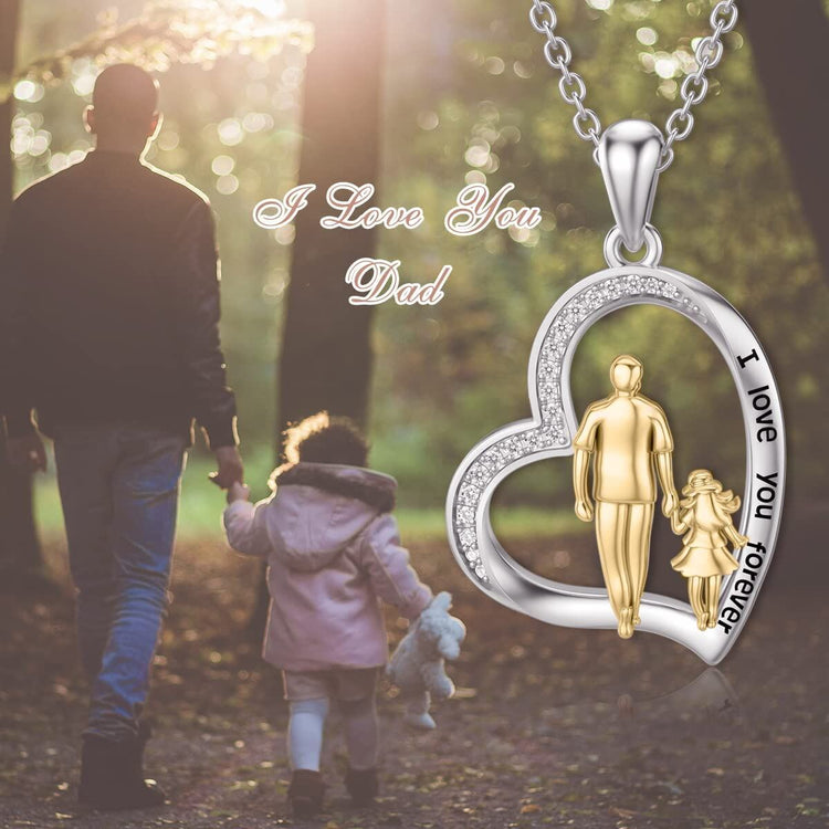 S925 Sterling Silver Father Daughter Heart Pendant Necklace