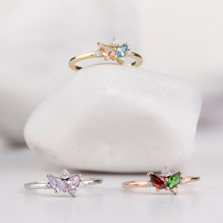 925 Sterling Silver Marquise Birthstone Ring, Pear Birthstone