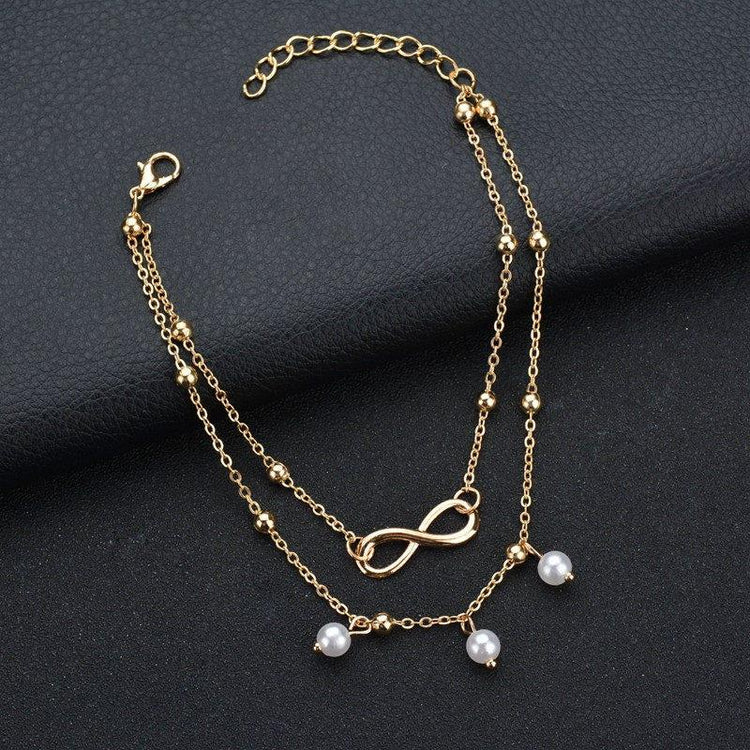 925 Sterling Silver Retro Pearl Infinity Ankle Anklet Bracelet Set