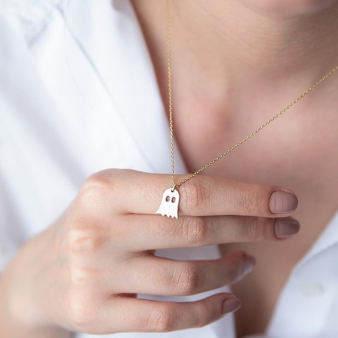 925 Sterling Silver  Pumpkin Ghost Hammered Coin Delicate Chain Minimalist Simple Halloween Necklace For Friend's Gift