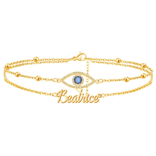 925 Sterling Silve Personalized Evil Eye Bracelet, Double Layered Silver Bracelet with Dainty Evil Eye for Women, Layered Bracelet Set, Summer Wear Anklet
