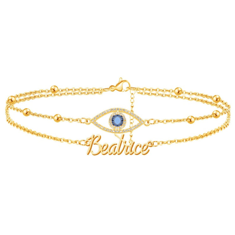 925 Sterling Silve Personalized Evil Eye Bracelet, Double Layered Silver Bracelet with Dainty Evil Eye for Women, Layered Bracelet Set, Summer Wear Anklet