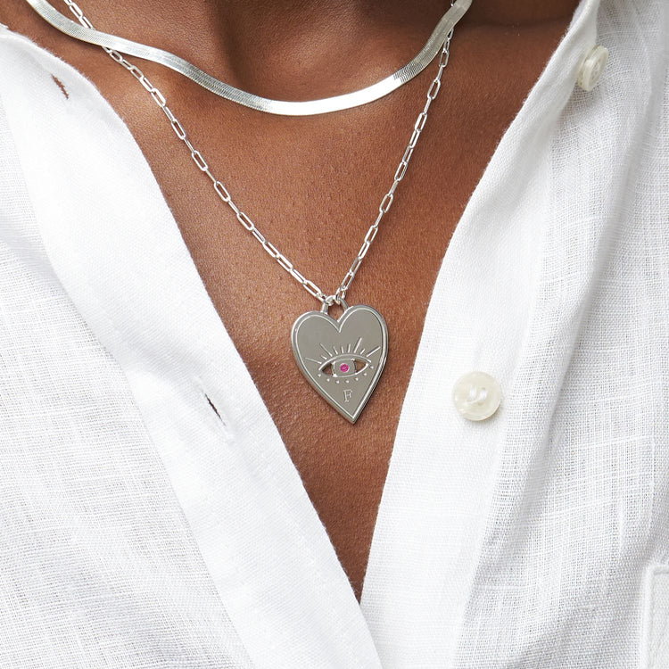 925 Sterling Silver Engraved Evil Eye Heart Necklace With Cubic Zirconia