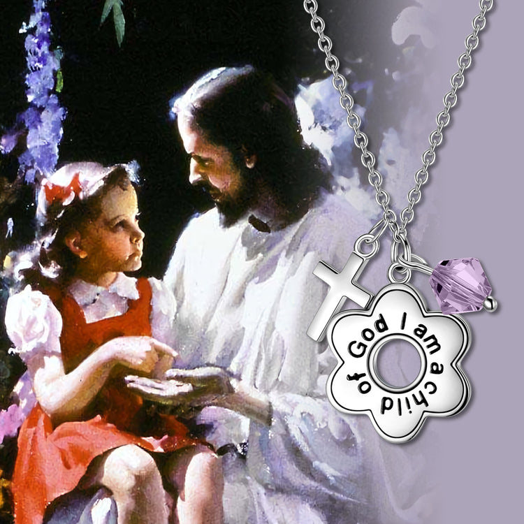 925 Sterling Silver Cross I am a Child of God Engraved Daisy Birthstone Necklace Gift for Her