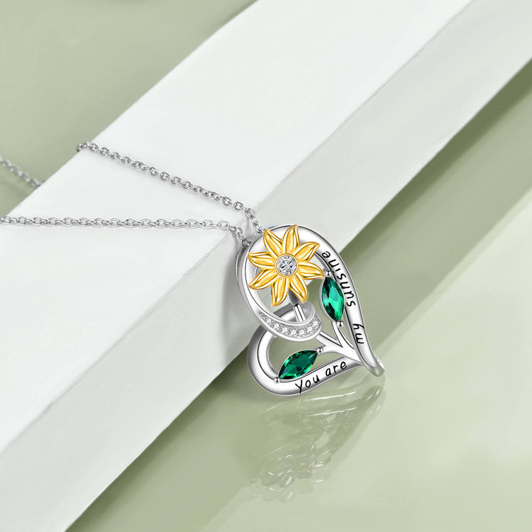 925 Sterling Silber Herz Sonnenblumen Halskette mit Zirkonia
