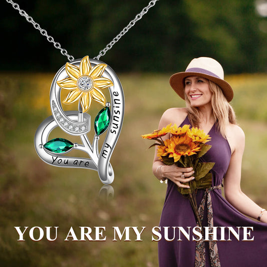 925 Sterling Silver Heart Sunflower Necklace With Zirconia