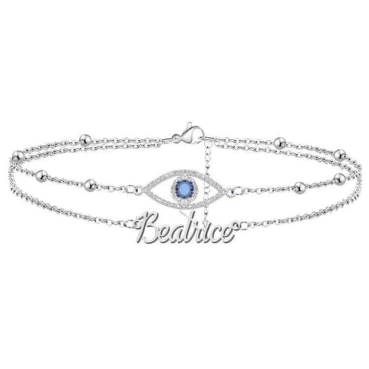 925 Sterling Silve Personalized Evil Eye Bracelet, Double Layered Silver Bracelet with Dainty Evil Eye for Women, Layered Bracelet Set, Summer Wear Anklet