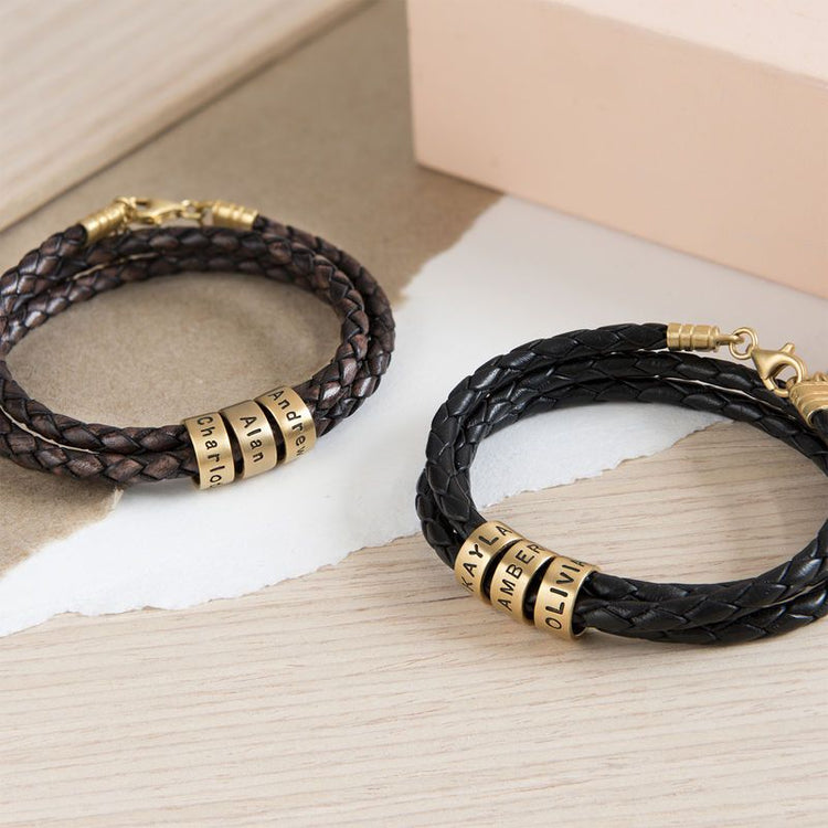 Men‘s Leather Bracelet with 925 Sterling Silver Custom Bead