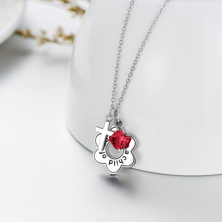 925 Sterling Silver Cross I am a Child of God Engraved Daisy Birthstone Necklace Gift for Her