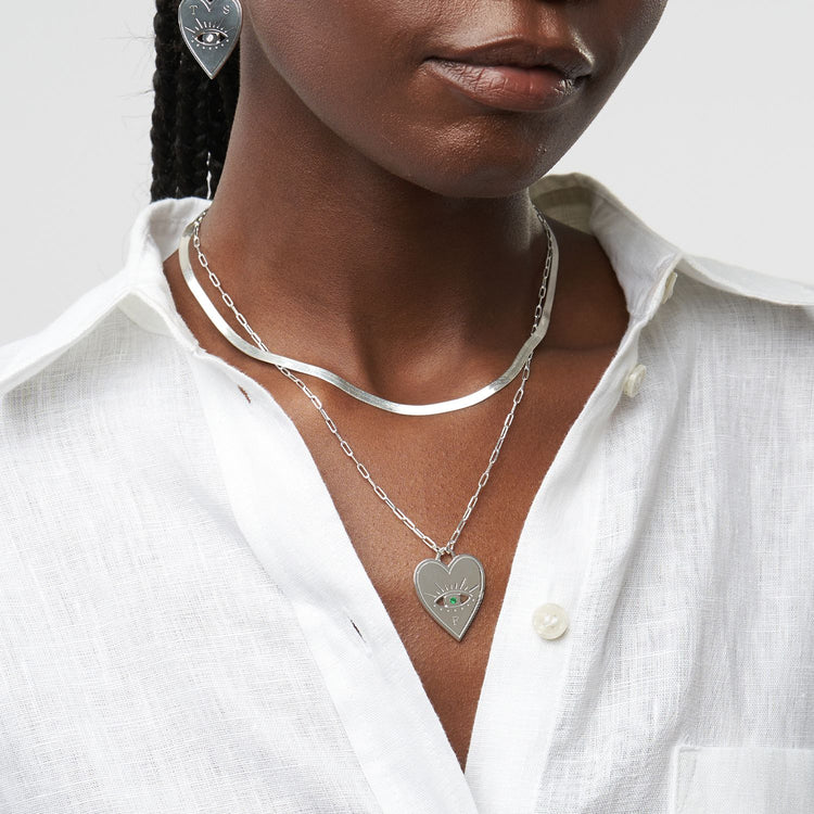 925 Sterling Silver Engraved Evil Eye Heart Necklace With Cubic Zirconia