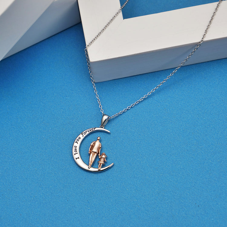 S925 Sterling Silver Daughter Father Moon Pendant Necklace