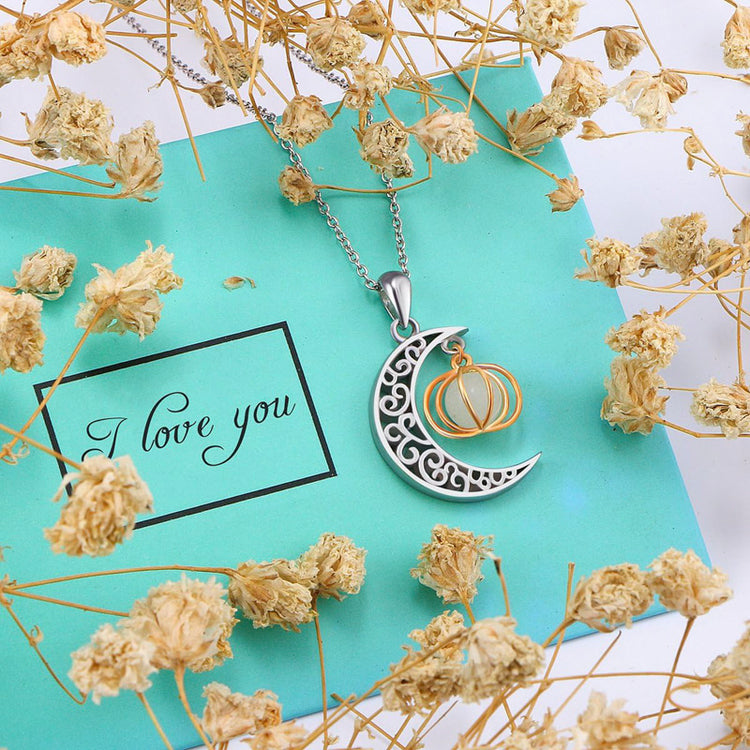 925 Sterling Silver Ladytree Halloween Jewelry  Moon and Pumpkin Bat Luminous Beads Glow Pendant Necklace