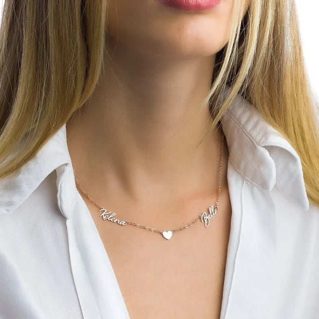 925 Sterling Silver Double Names With Heart Necklace