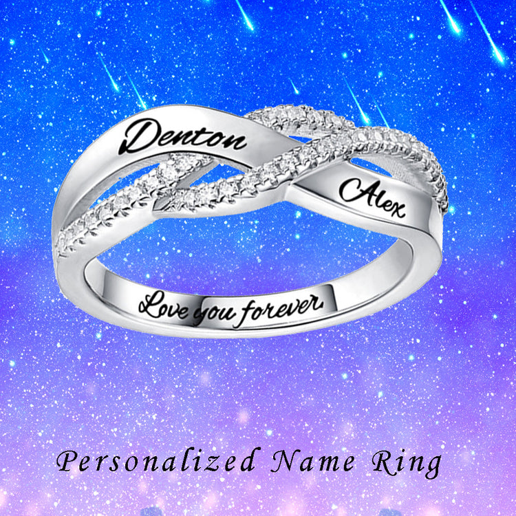 925 Sterling Silver Personalized Two Names Engraved Ring With Paved Zirconia