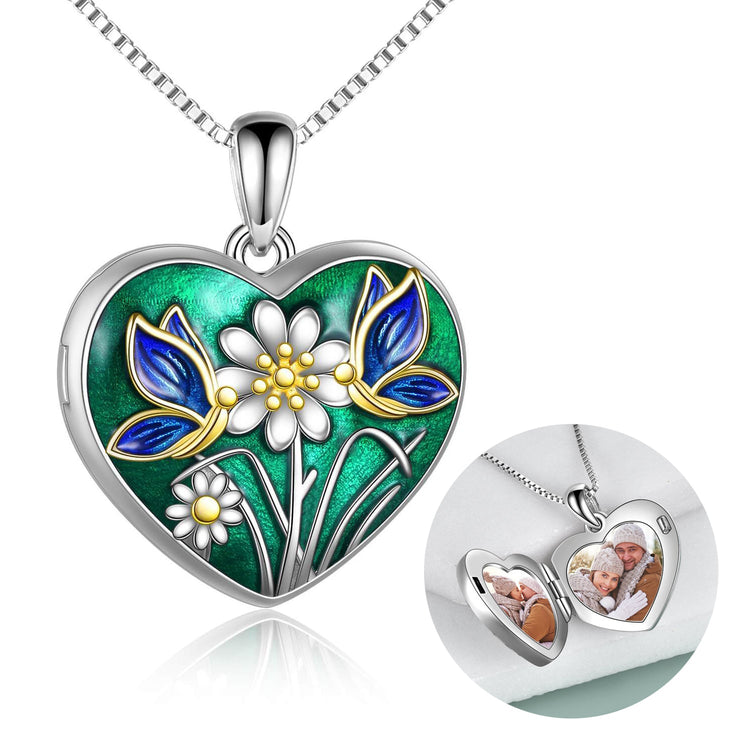 925 Sterling Silver Flower And Butterfly Heart Photo Locket Necklace