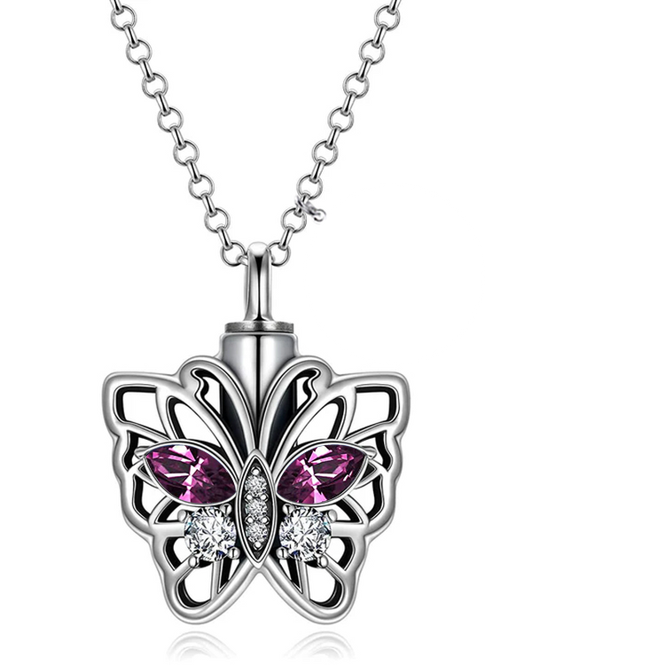 925 Sterling Silver Butterfly Urn Necklace for Ashes, Cremation Keepsake Necklace with Crystal