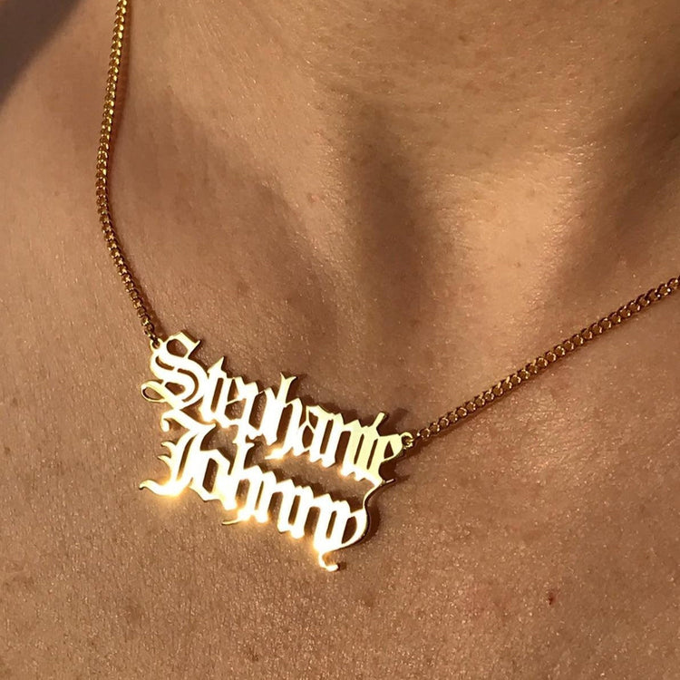 925 Sterling Silver Double Name Necklace In Old English Font