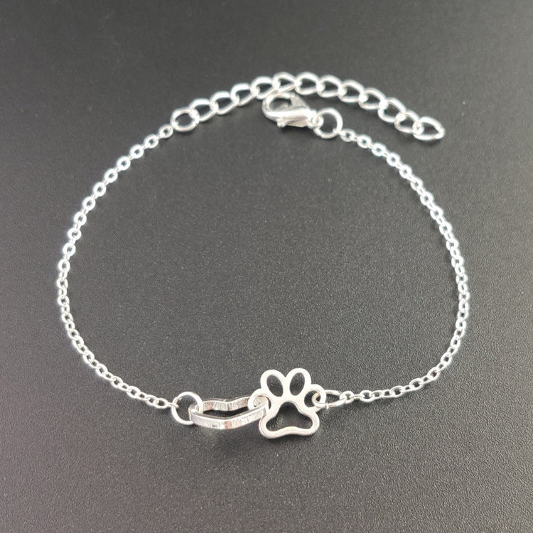 925 Sterling Silver Hollow Heart Puppy Pet Paw Print Anklet - onlyone