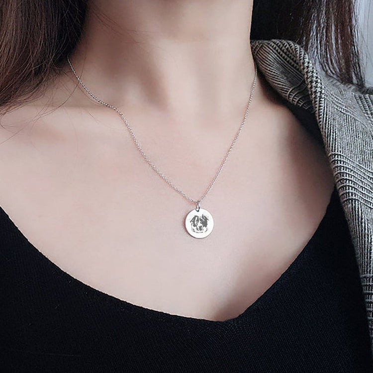 925 Sterling Silver Personalized Pet Round Photo Engraved Necklace Gift for Cat Lovers