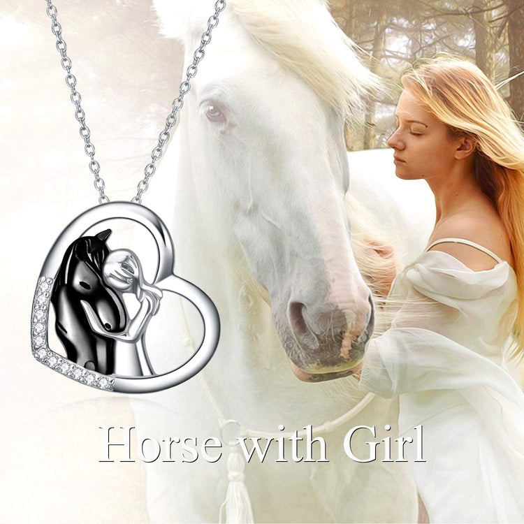 925 Sterling Silver Horse with Girl Heart Pendant Necklace for Girls, Girlfriend, Teens, Women, Daughter
