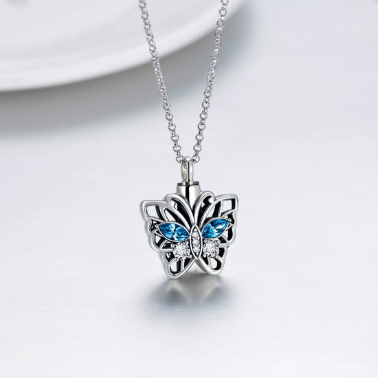 925 Sterling Silver Butterfly Urn Necklace for Ashes, Cremation Keepsake Necklace with Crystal - onlyone