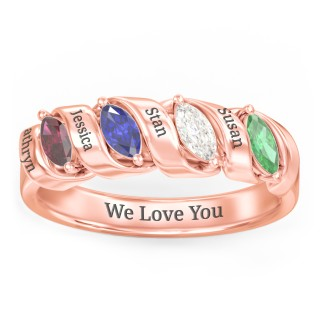 925 Sterling Silver Spiral Marquise Row Ring With 4 Birthstones