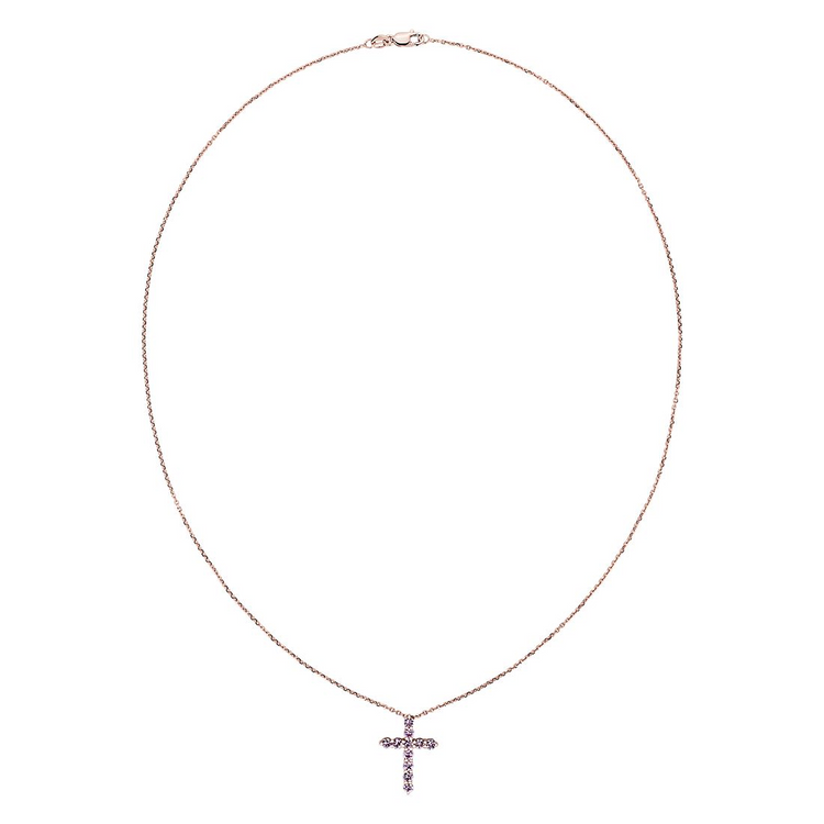 925 Sterling Silver Petite Pink Sapphire Cross Pendant Necklace With Crystel