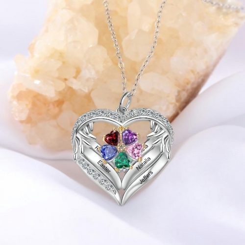 925 Sterling Silver Personalized Name and Birthstone Angel Wings Necklace