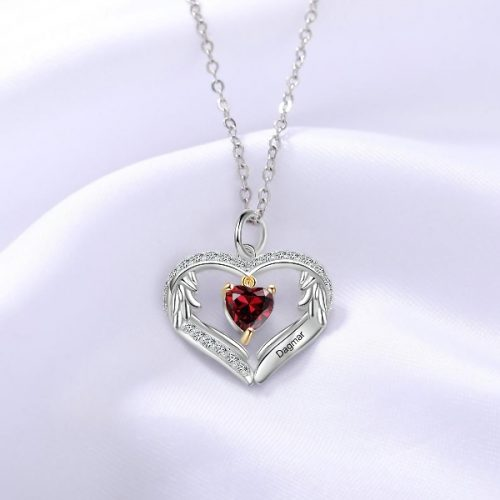 925 Sterling Silver Personalized Name and Birthstone Angel Wings Necklace