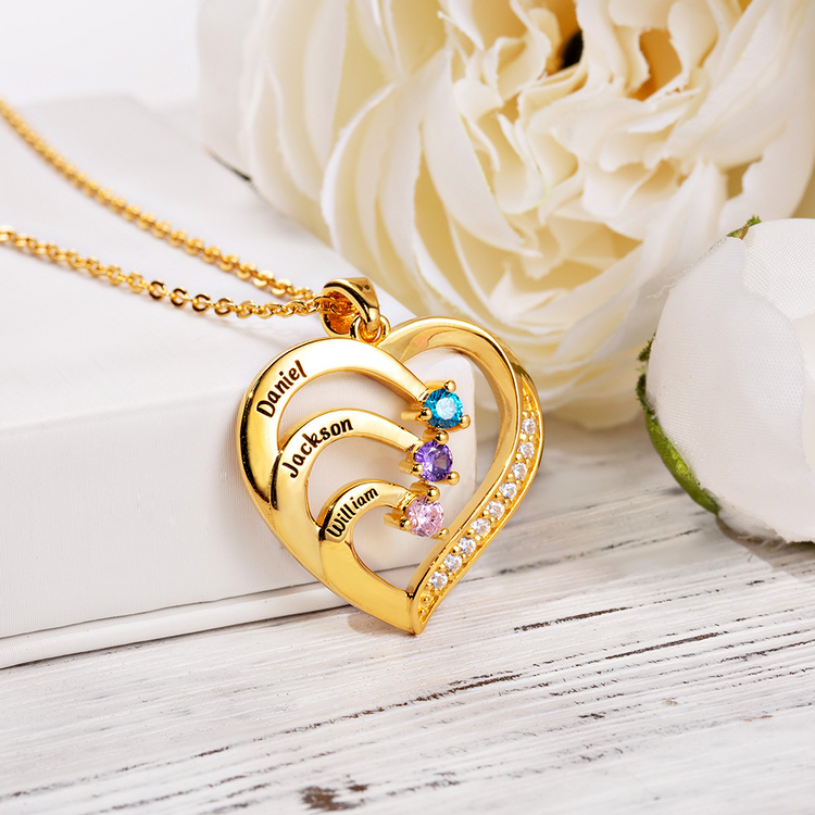 925 Sterling Silver Personalized Name and Birthstone Family Heart Necklace for Mom