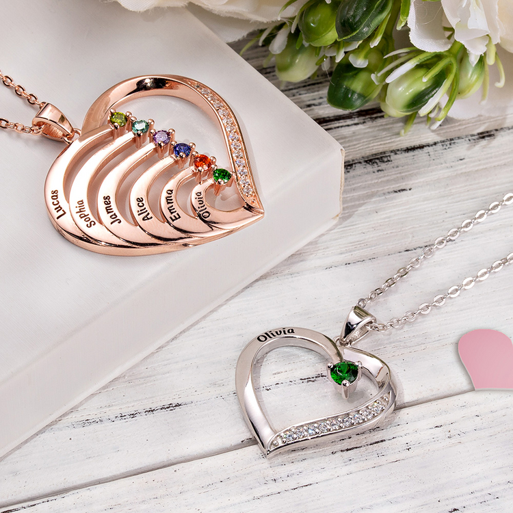 925 Sterling Silver Personalized Name and Birthstone Family Heart Necklace for Mom