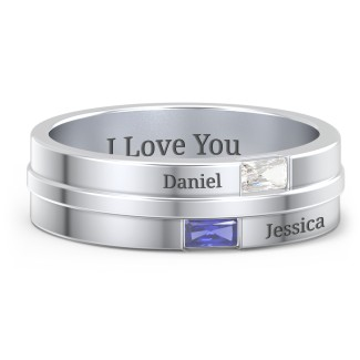 925 Sterling Silver Men's Double Baguette Ring With Birthstone