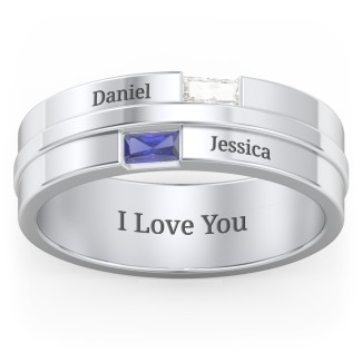 925 Sterling Silver Men's Double Baguette Ring With Birthstone