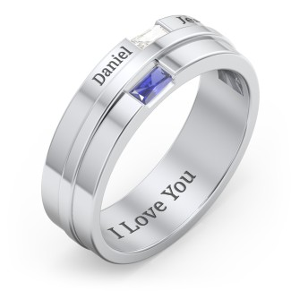 925 Sterling Silver Men's Double Baguette Ring With Birthstone