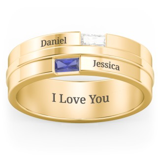 925 Sterling Silver Men's Double Baguette Ring With Birthstone